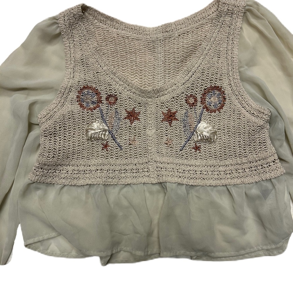 Crochet Embroidered Top Womens M Cream Boho Beachy Cover Up Retro Festival - Picture 3 of 6